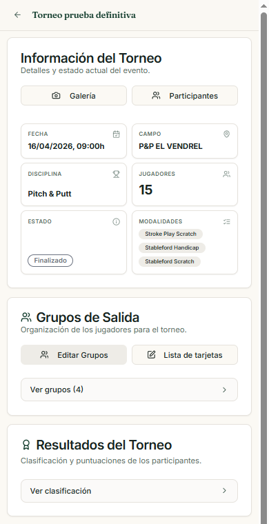 Pantalla de gestión de un torneo en PAR O NADA